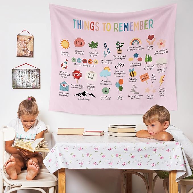 WARDOS Mental Health Pink Tapestry, Things to Remember Inspirational Tapestry Wall Hanging, Positive Affirmation Psychology Wall Blanket Decor for Therapy Calming Office Classroom, 50x60 Inch