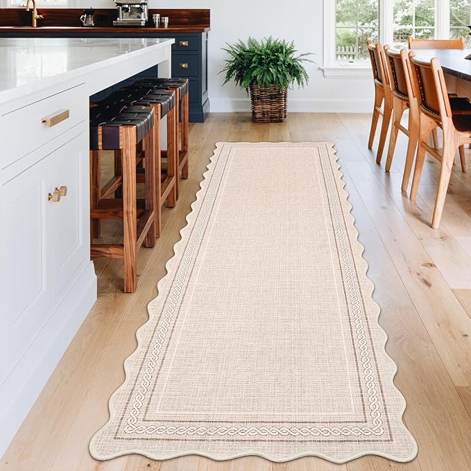 GarveeHome Scalloped Washable Runner 2x8 Rugs for Entryway Non Slip Kitchen Runner Beige Bordered Neutral Rugs Low Pile Hallway Rug Stain Resistant Carpet for Bathroom Laundry Room, Beige