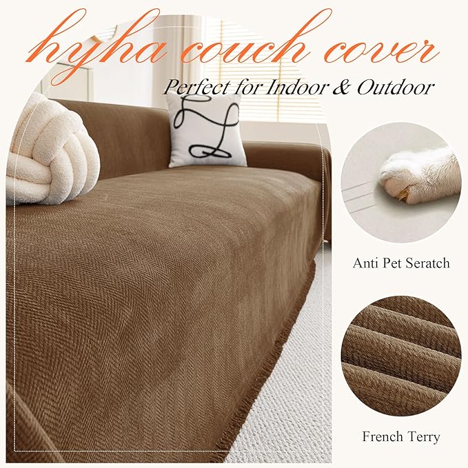 hyha Couch Cover for Dogs, Boho Sofa Covers for 3 Cushion Couch Washable, Chenille Sofa Slipcover for Pets, Soft Loveseat Sectional Couch Throw Blankets with Tassels (Chocolate, 71x118 Inch)