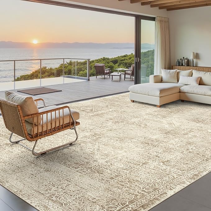 Washable Area Rug 8x10, Large Soft Rugs for Living Room Vintage 8x10 Area Rugs for Bedroom Dining Room Floral Non-Slip Thin Brown