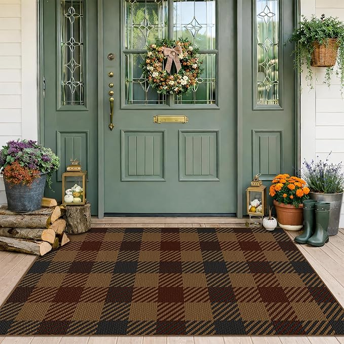JTJ Brown and Red Front Door Rug Indoor Outdoor Entrance - 2'3" x 3'7" (27.5" x 43") Easy Jute Rugs Outdoor for Patio, Balcony, Kitchen, Mudroom, Washable Earthy Vintage Front Door Decor