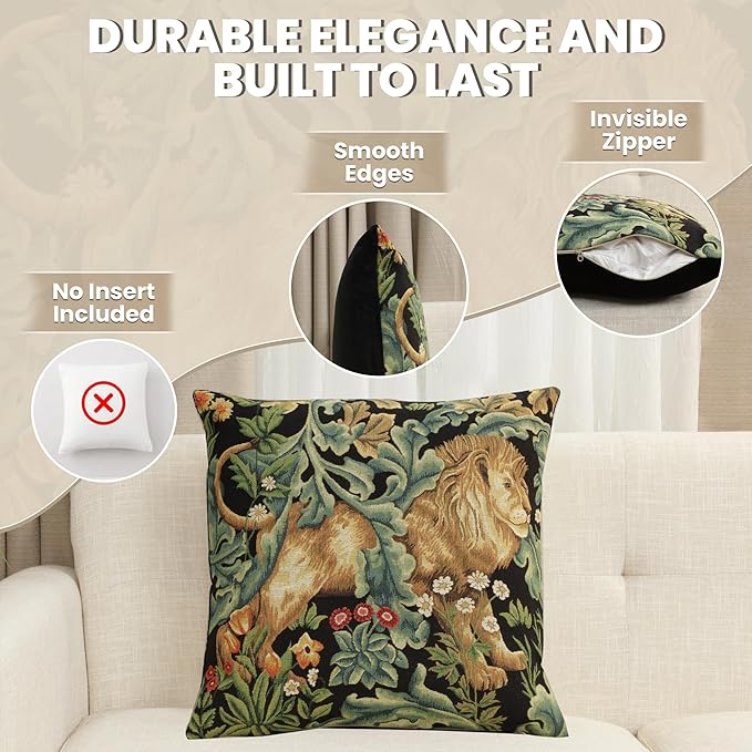 Charlotte Home Furnishings Throw Pillow Covers Decorative Boho Pillow Covers for Couch Living Room Black Lion Square Cushion Cases 18x18 in European Cotton Jacquard Woven for Cozy Bedroom Decor