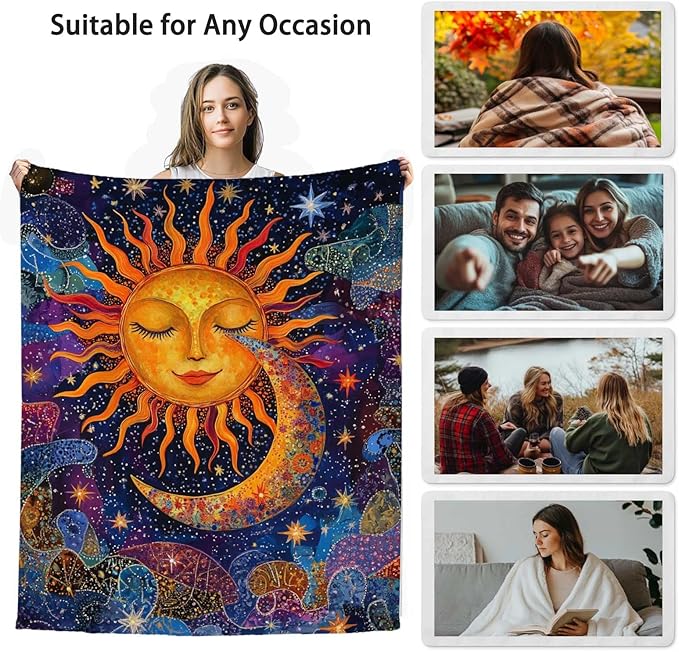 Sun and Moon Blanket Throw, Plush Blanket Gift for Adults, Hippie Witchy Lightweight Soft Fleece for Bedrooms, Meditation, and Decor, 40x50 Inches