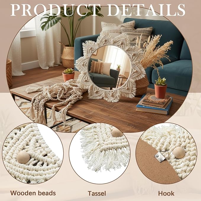 24" Boho Mirror Wall Decor Macrame Hanging Round Mirror with Wooden Beads Large Circle Sunburst Wall Decor for Bedroom Living Room Nursery Apartment Entryway Home Gift, Beige