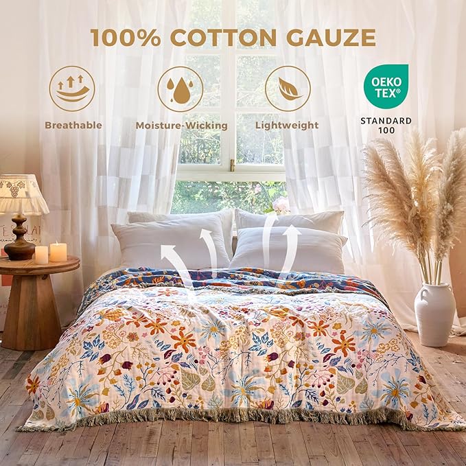 Boho Throw Blanket with Florals & Leaves Embroidery Reversible Lightweight Spring Cotton Gauze Throws for Couch,Bed,Sofa & Chair Decor - Bohemian Living Room Accent Gift 50"x60"