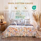Boho Throw Blanket with Florals & Leaves Embroidery Reversible Lightweight Spring Cotton Gauze Throws for Couch,Bed,Sofa & Chair Decor - Bohemian Living Room Accent Gift 50"x60"