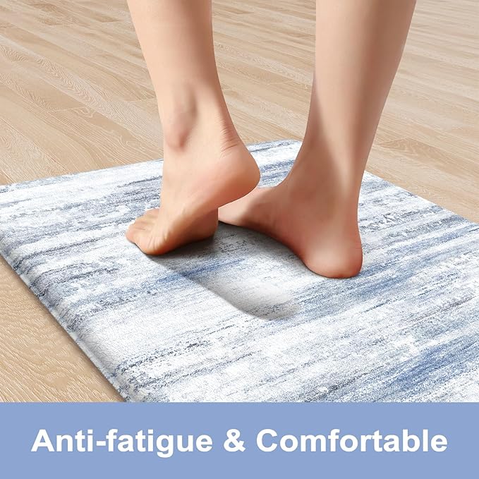KIMODE Kitchen Mats for Floor, Abstract Kitchen Rugs Sets of 2, Anti Fatigue Mats for Kitchen Floor, Cushioned Comfort Kitchen Floor Mats for Sink Laundry Desk Multi-Blue 17"x59"+17"x29"