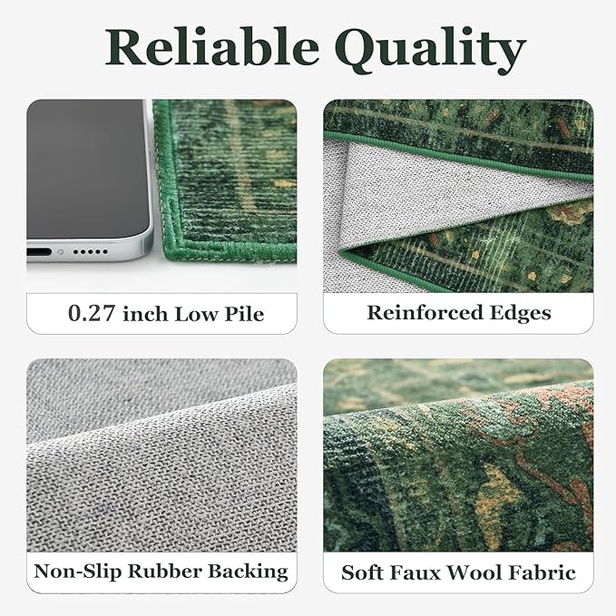 Green Boho 2x5 Runner Rugs for Hallways Non Slip Machine Washable, Low Pile Lightweight Carpet Runner for Entryway/Kitchen/Bathroom/Corridor/Laundry Room Distressed Vintage Medallion Printed