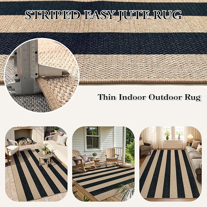 Lahome Elance Striped Easy Jute Outdoor Rug 5x7, Large Neutral Dining Living Room Rug, Farmhouse Non Slip Non Shedding Washable Indoor Outdoor Black Carpet for Office Deck Patio Backyard Bedroom
