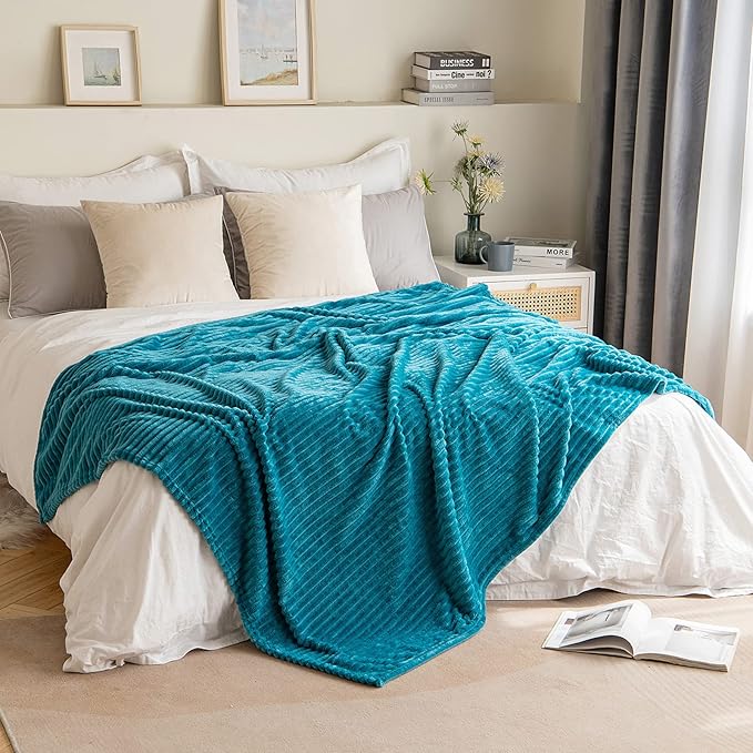 MIULEE Fleece Throw Blanket for Couch 300GSM Super Soft Lightweight Plush Striped Blanket, Teal Blue Warm Cozy Breathable Ribbed Blanket for Bed/Sofa, Throw Size 50"x60", Turquoise