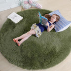 Amdrebio Olive Green Round Rug 5Ft for Living Room Bedroom, Fluffy Shaggy Modern Circle Area Rugs for Kids Room, Soft Plush Fuzzy Shag Carpet for Playroom Office Dorm Nursery Classroom, Home Decor