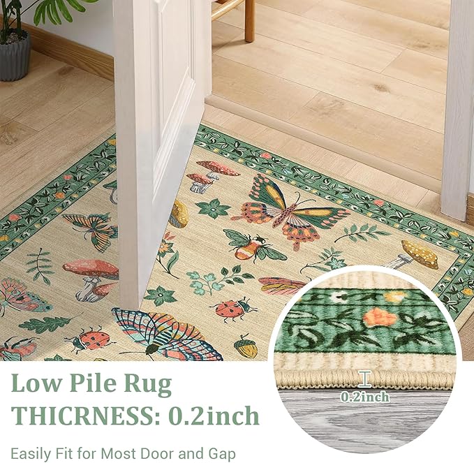 4x6 Rug Non-Slip Washable Carpet - Mushroom Soft Low-Pile Stain Resistant Rugs for Nursery Kitchen Bedroom Living Room Entryway Indoor Mat Khaki Green