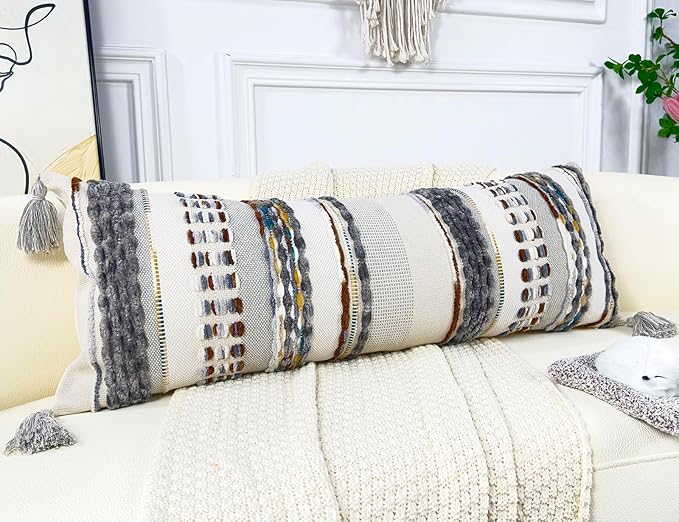 Chenille and Cotton Long Pillow for Bed, Striped Textured Boho Lumbar Throw Pillow Cover 16x36, Neutral Accent Decorative Extra Long Body Pillow Case for Couch, Sofa, Bedroom, Brown-Grey