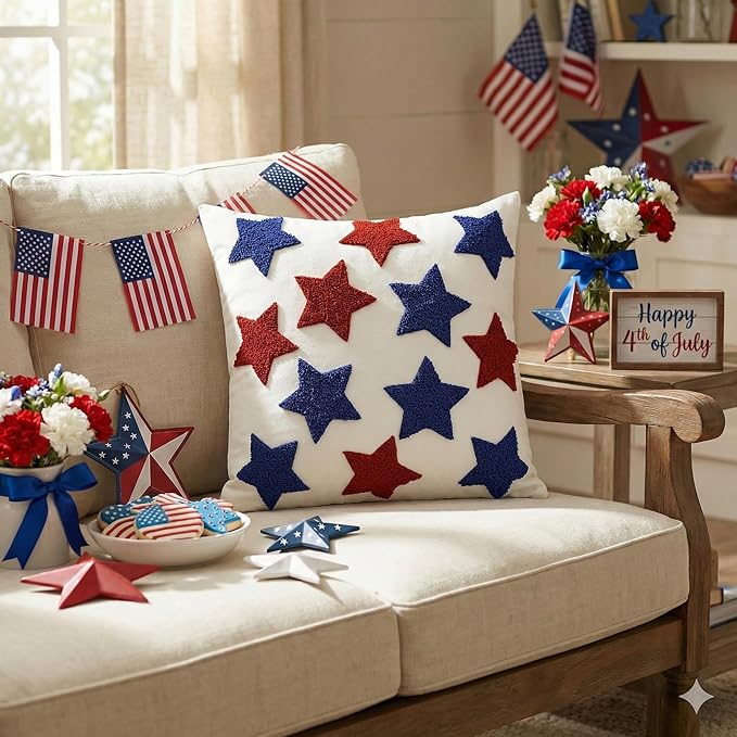 AVOIN colorlife 4th of July Patriotic Red Blue Stars Embroidered Throw Pillow Covers, 18 x 18 Inch Independence Day Decor Tufted Patterned Linen Cushion Case for Sofa Couch Set of 2