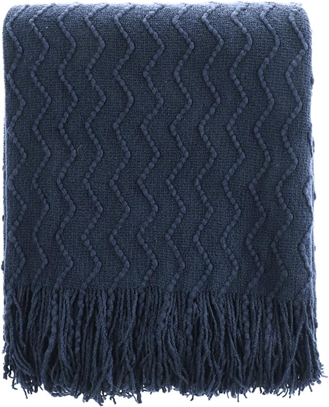 BATTILO HOME Navy Blue Throw Blanket for Couch, Textured Soft Navy Throw, Decorative Knitted Navy Blanket Throw for Sofa Bed Living Room, 50"x60"