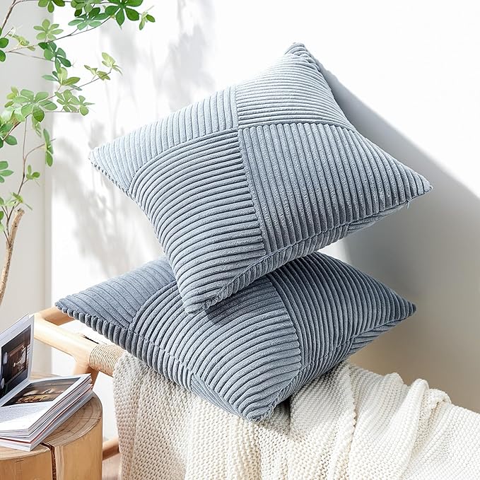 Topfinel Dusty Blue Throw Pillow Covers 16x16 Set of 2, Soft Corduroy Couch Decorative Pillow Covers Windmill Textured Striped Patchwork Cushion Cover for Bedroom Living Room Boho Home Decor