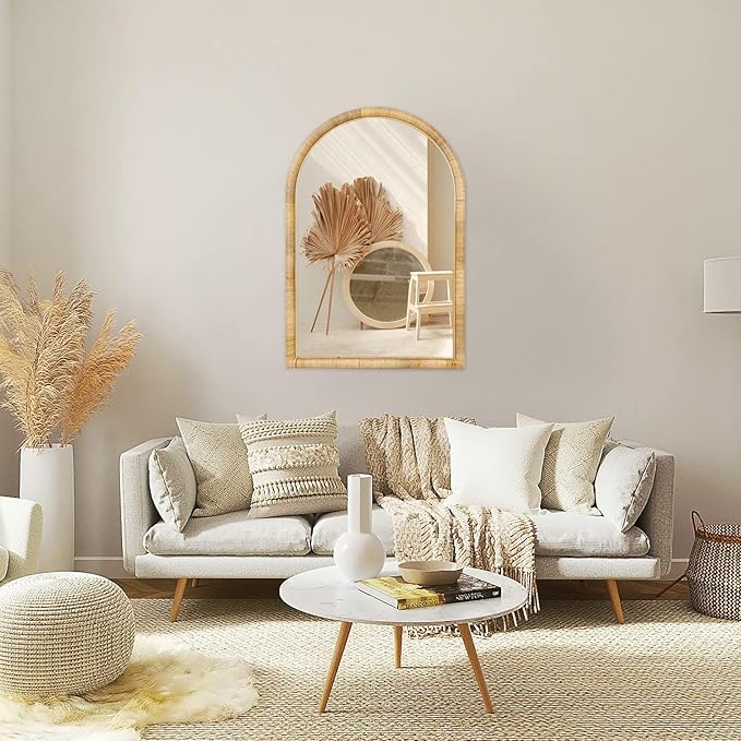 Rattan Wall Mirror, 36 x 24 - Boho Style for Bedroom, Bathroom, Living Room & Entryway (Natural Rattan Frame)