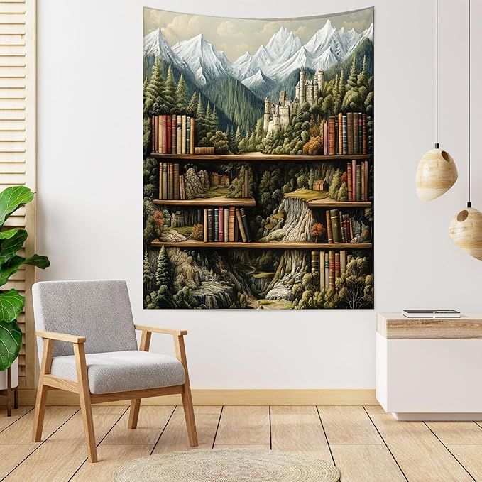 LB Forest Library Tapestry for Bedroom Wall Decor- Snow Mountain Green Tree Vinage Book Wall Tapestry- Fairytale Castle Classroom Bookshelf Tapestries for Living Room College Dorm,70.5Wx92H inches