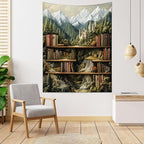LB Mountain Library Tapestry Green Forest Vinage Book Fairytale Castle Tapestries Wall Hanging Classroom Bookshelf Wall Decor for Bedroom Living Room College Dorm,60Wx78H inches