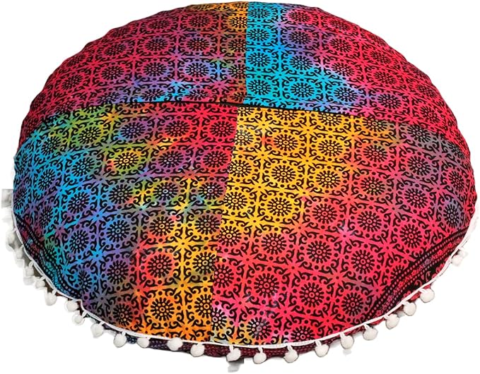 CRAFT KALA 32 Inch Meditation Floor Pillow Cover Round Pillow Seating Hippie Decorative Adults Bohemian Mandala Cushion Cover Outdoor Living Room Throw Ottoman Poufs Cover (32", Multi Elephant)