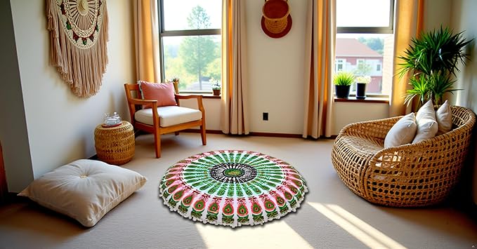 CRAFT KALA 22" Mandala Meditation Floor Pillows Cover Pouf Cover Round Seating Bohemian Mandala Cotton Floor Cushion Cover Outdoor Fireplace Seating Living Room Yoga Room Home Décor Green Red Floral
