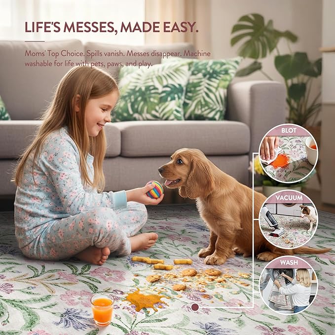 Lahome Sylvie Purple Floral 9x12 Area Rug, Machine Washable Low Pile Nursery Girls Rug, Non-Slip Thin Carpet for Playroom Kids, Soft Boho Mat for Women Bedroom Decor