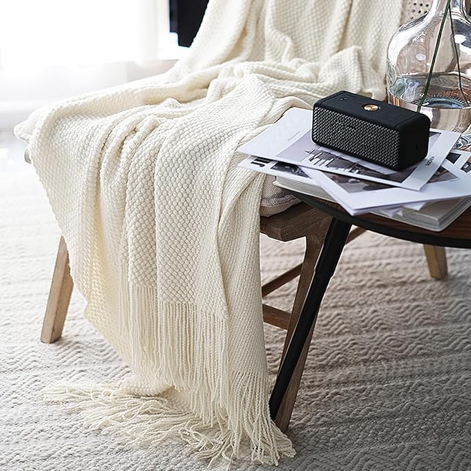 LOMAO Knitted Throw Blanket with Tassels Bubble Textured Lightweight Throws for Couch Cover Home Decor (Cream, 60x80)