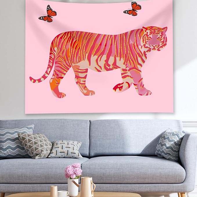 Tiger Aesthetic Tapestry - Pink Butterfly Tapestries, Boho Wall Tapestries, Picnic Sheet Wall Decor Blanket for Girl Bedroomfor Bedroom, Living Room, Dorm - 50 x 60 Inch
