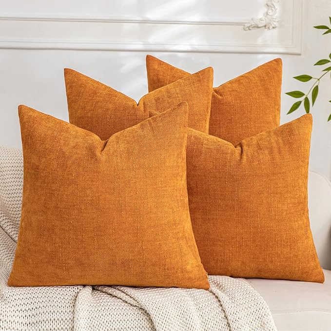 Set of 4 Soft Textured Decorative Throw Pillow Covers 16x16 Inch Cozy Farmhouse Cushion Cover Square Accent Pillow Cases for Bed Couch Sofa Living Room, Orange