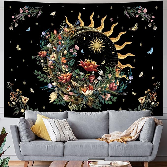 Racunbula Floral Plants Tapestry Sun and Moon Tapestry Retro Botanical Flowers Butterfly Tapestries Black Starry Sky Wall Poster Vintage Boho Aesthetic Tapestries Wall Hanging for Bedroom