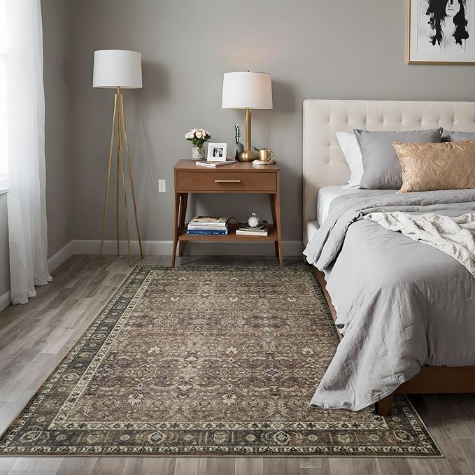9x12 Vintage Washable Area Rug for Living Room,Low Pile Non Slip Carpet Non-Shedding Large Area Rug Soft Indoor Stain Resistant Rug Floral Print Mat for Bedroom Dining Room Brown Floral
