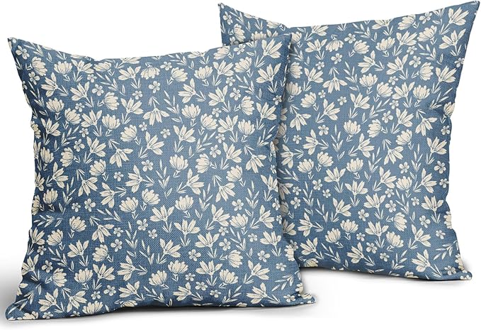 Light Blue Pillow Covers 20x20 Set of 2 Vintage Floral Rustic Old Style Cute Flower Print Decorative Outdoor Pillowcases Seasonal Farmhouse Throw Cushion Case Decor for Couch Sofa Bed