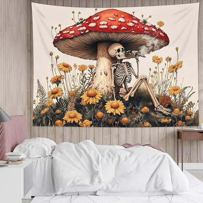 LB Gothic Skeleton Tapestry Vintage Mushroom Orange Flower Wall Tapestry Aesthetic Wall Decor Tapestries for Bedroom Living Room College Dorm,59Wx51H inches