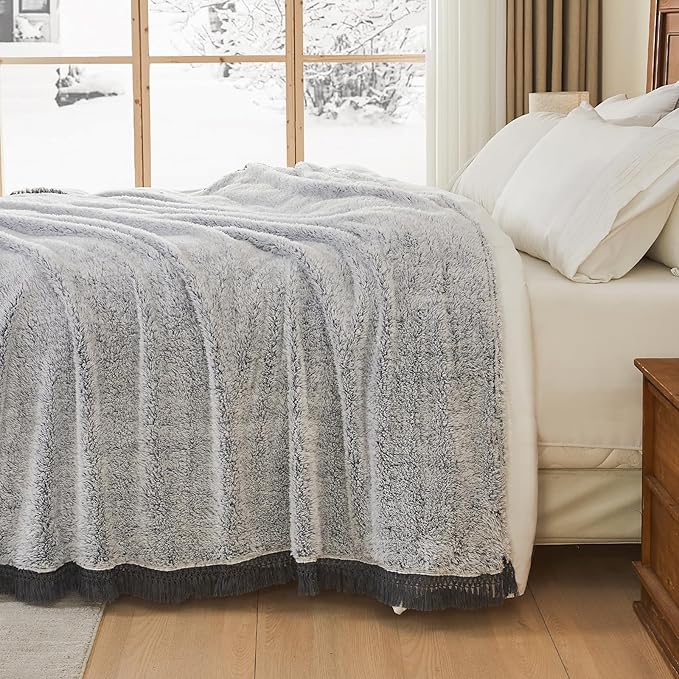 EMME Soft Sherpa Fleece Blanket with Tassel, Reversible Plush Fluffy Large Blanket, Light Weight Warm Decorative Boho Blanket Cover for Sofa, Couch, Bedroom,Travel(Tassel Grey,60"x80")