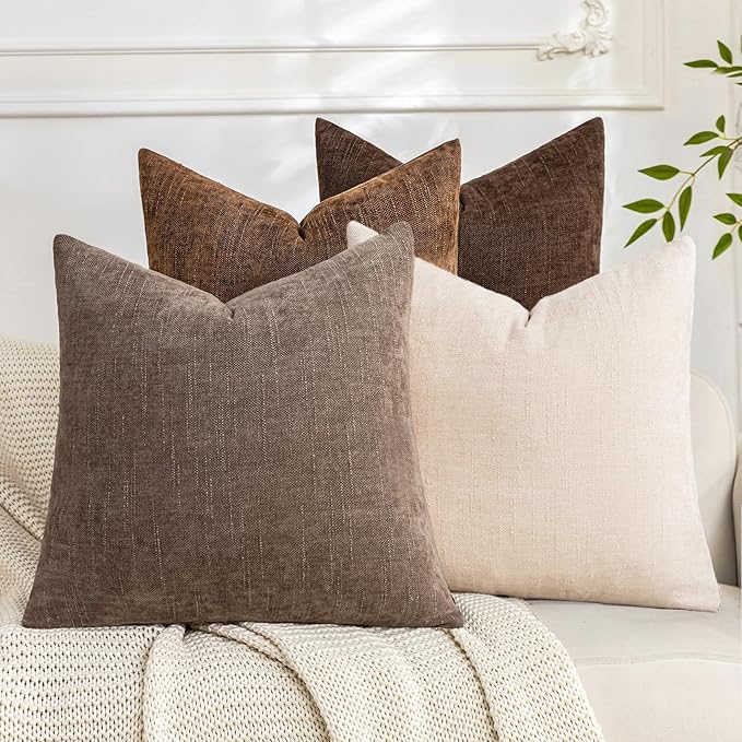 Set of 4 Soft Textured Decorative Throw Pillow Covers 20x20 Inch Cozy Farmhouse Cushion Cover Square Accent Pillow Cases for Bed Couch Sofa Living Room, Beige Taupe Brown