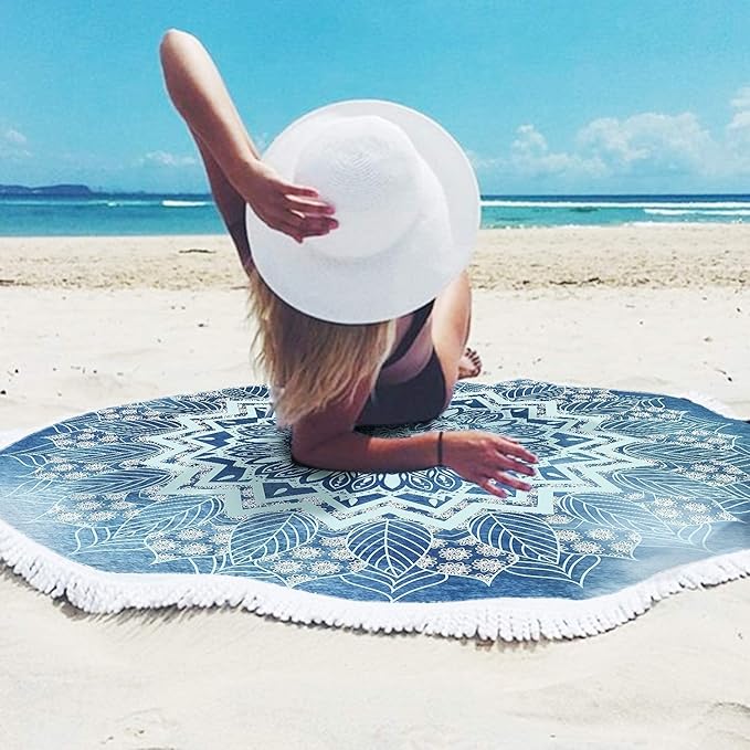 RosieLily Round Mandala Beach Towel, Microfiber Hippie Boho Extra Large Sand Proof Quick Dry Beach Blanket, Circle Pool Picnic Table Mediation Yoga Mat, 59 inch Towel with Tassels Gifts for Women