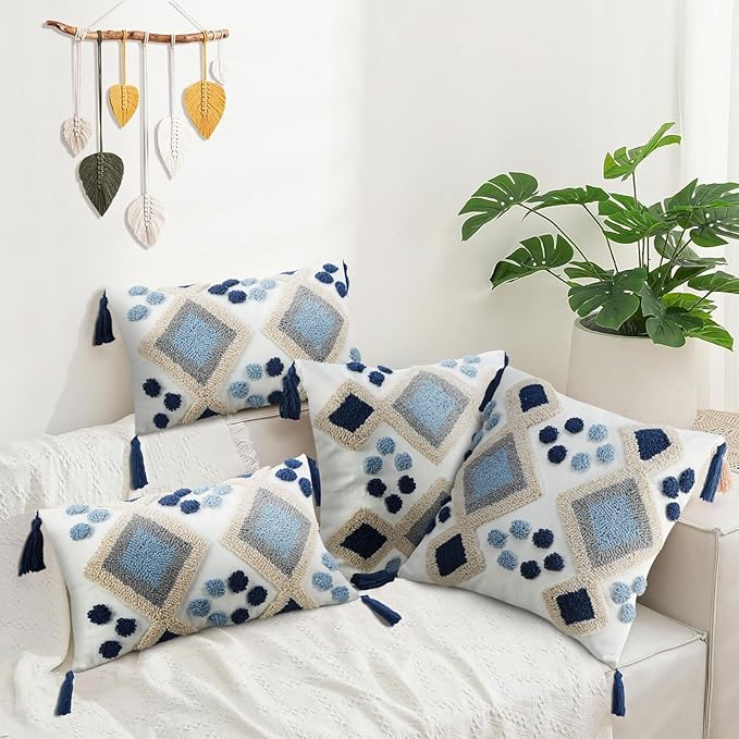 Blue Boho Decorative Lumbar Pillow Cover 18x18, Neutral Tufted Throw Pillow Cover, Modern Mid Century Farmhouse Pillow Cover Geometric Pillowcase with Tassels for Couch Bed Sofa Bedroom Living Room