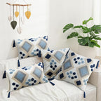 Blue Boho Decorative Lumbar Pillow Cover 18x18, Neutral Tufted Throw Pillow Cover, Modern Mid Century Farmhouse Pillow Cover Geometric Pillowcase with Tassels for Couch Bed Sofa Bedroom Living Room