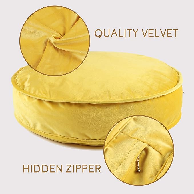 Round Floor Pillow Cover Velvet Throw Seating Pouf Yoga Meditation Cushion Plush Case Reading Room Decor Cover Only (19.7IN, Yellow)