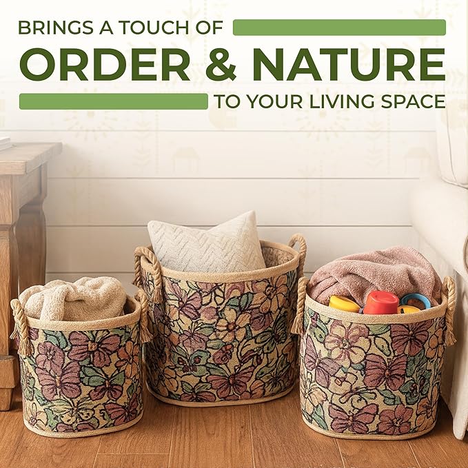 Set of 3 Handwoven Sedge Grass Baskets with Floral & Butterfly Brocade Cover – Decorative Woven Storage Baskets for Laundry, Toys & Blankets – Natural Wicker Hampers for Home & Bedroom Decor