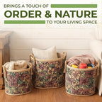 Set of 3 Handwoven Sedge Grass Baskets with Floral & Butterfly Brocade Cover – Decorative Woven Storage Baskets for Laundry, Toys & Blankets – Natural Wicker Hampers for Home & Bedroom Decor