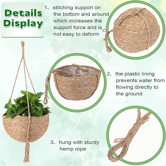 4 Pieces Hanging Planter Basket Set Jute Rope Plant Hangers Hand Woven Storage Flower Pot with Waterproof Plastic Liner Indoor Boho Hanging Plant for Home Office Yard Decor, 12.2 (D) 7.9 (H) Inch