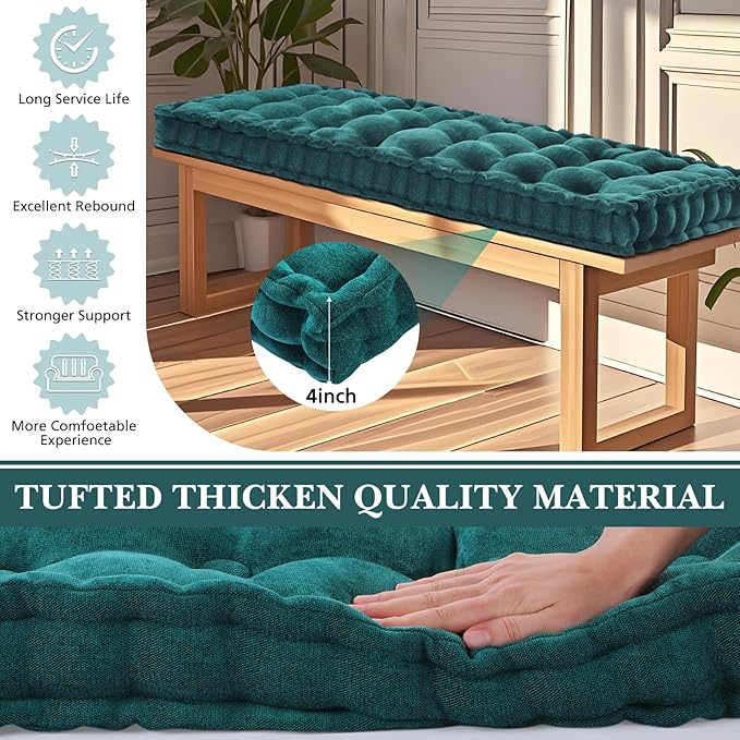 Geelin 48x18 Inch Bench Cushions for Indoor Furniture Chenille Dark Green Velvet Button Tufted Thicken Seat Pad Mat with Memory Foam, Window Floor Sofa Chair Cushion for Living Room Porch Swing
