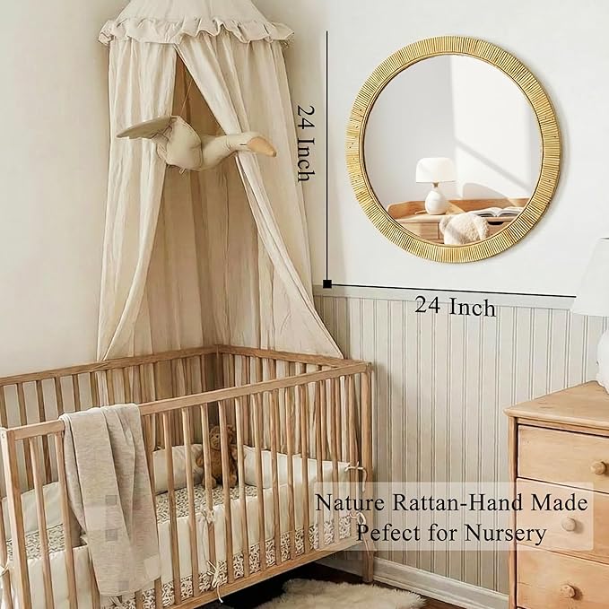 Decorative Rattan Wall Mirror, Boho Bathroom Modern Makeup Mirror, Rustic Wall Bohemia Mirrors for Bedroom, Living Room, Vanity Versatile Farmhouse, Nursery, Bathroom, 24"x24", Round