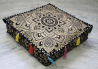 ICC Large Square Cotton Mandala Cushion Cover Hippie Ottoman Pouf Cover Daybed Floor Pillow Cover with Heavy Duty Zipper Seating Ottoman Poufs Dog-Pets Bed (Black Gold Flower, 18" Square)