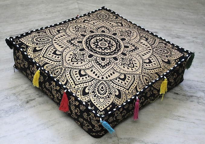 ICC Large Square Cotton Mandala Cushion Cover Hippie Ottoman Pouf Cover Daybed Floor Pillow Cover with Heavy Duty Zipper Seating Ottoman Poufs Dog-Pets Bed (Black Gold Flower, 18" Square)