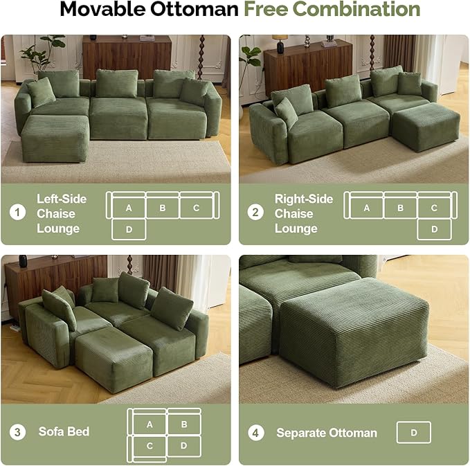 VINGLI 112.2“ Convertible Corduroy Cloud Sectional Couches with Movable Ottoman, L-Shaped Boneless Couches for Living Room with Deep Seat, 3 Seater Modular Spineless Sofa, No Assembly Required, Green