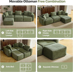VINGLI 112.2“ Convertible Corduroy Cloud Sectional Couches with Movable Ottoman, L-Shaped Boneless Couches for Living Room with Deep Seat, 3 Seater Modular Spineless Sofa, No Assembly Required, Green