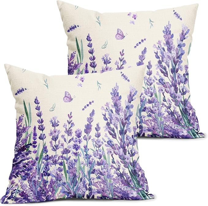 Kawani Spring Summer Floral Pillow Covers 16X16 Inch Purple Lavender Butterfly Flowers Decorative Pillow Cases Set of 2 Seasonal Holiday Throw Pillows Farmhouse Home Decor for Sofa Couch Cushion