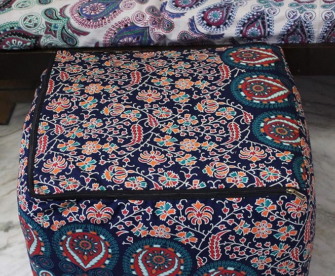 CRAFT KALA Indian Square Patchwork Traditional Pouf Cover Indian Living Room Poufs Cover Decorative Designer Ottoman Home Living Footstool Pom Ottoman Cover Decor 22X22X14 inches, Multi-Color Mirchi